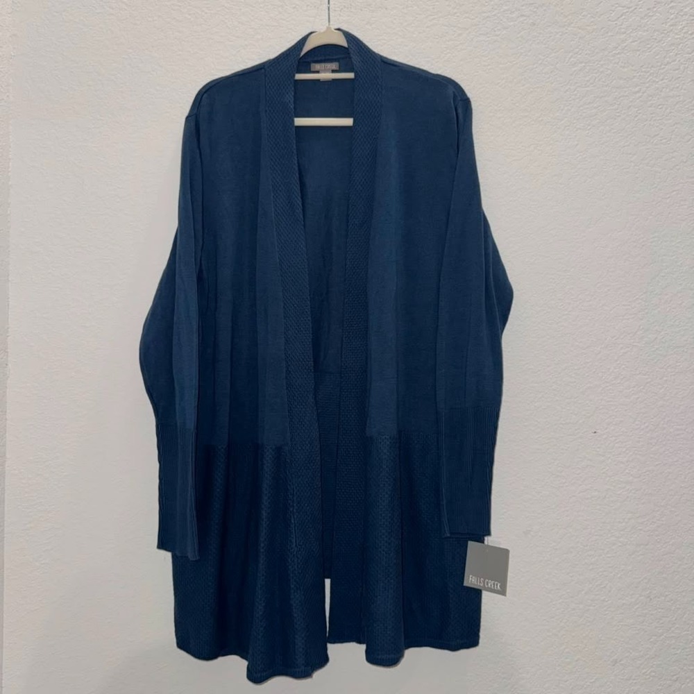 NWT Falls Creek Women's Size 2X-3X Open Front Long Cardigan Textured Knit Blue